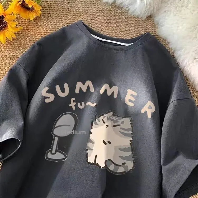 Cartoon Oversize Loose Short Sleeve T-Shirt American Style Versatile Half Sleeve Top Crew Neck Polyester Fiber Women's T-shirt