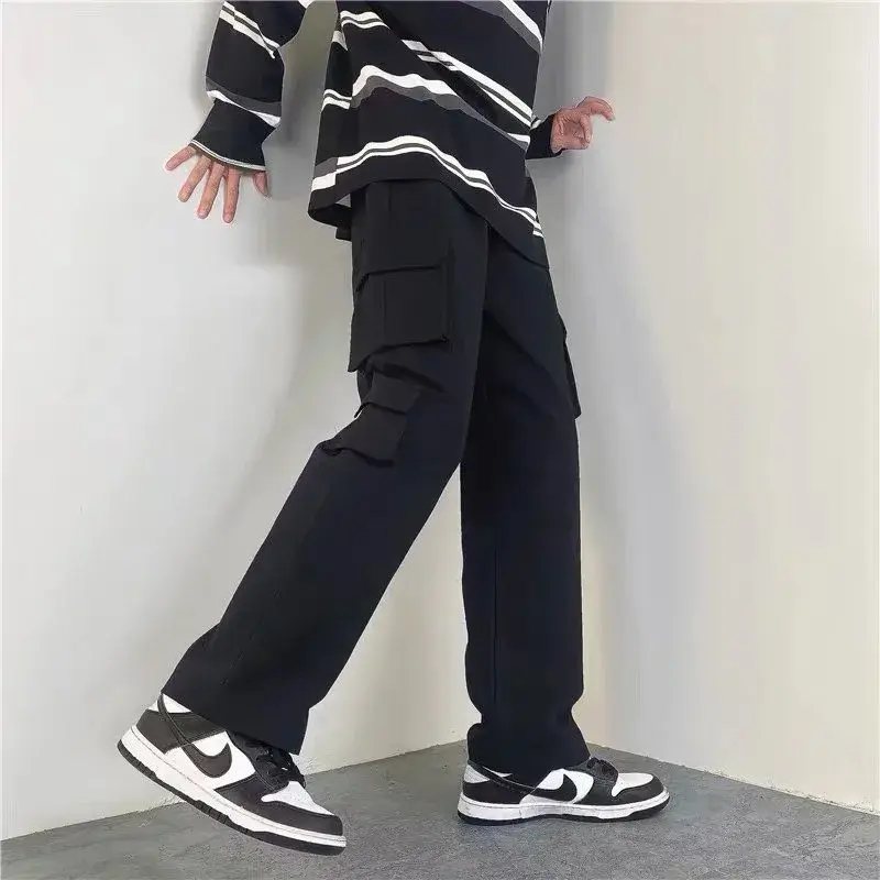 White Cotton Japanese Style Loose Fit High Street Straight Leg Wide Leg Casual Pants For Men Multi Pocket Cargo Pants