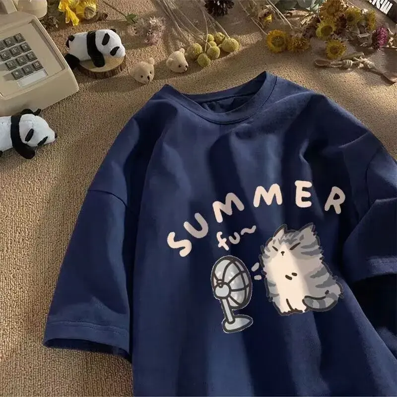 Cartoon Oversize Loose Short Sleeve T-Shirt American Style Versatile Half Sleeve Top Crew Neck Polyester Fiber Women's T-shirt