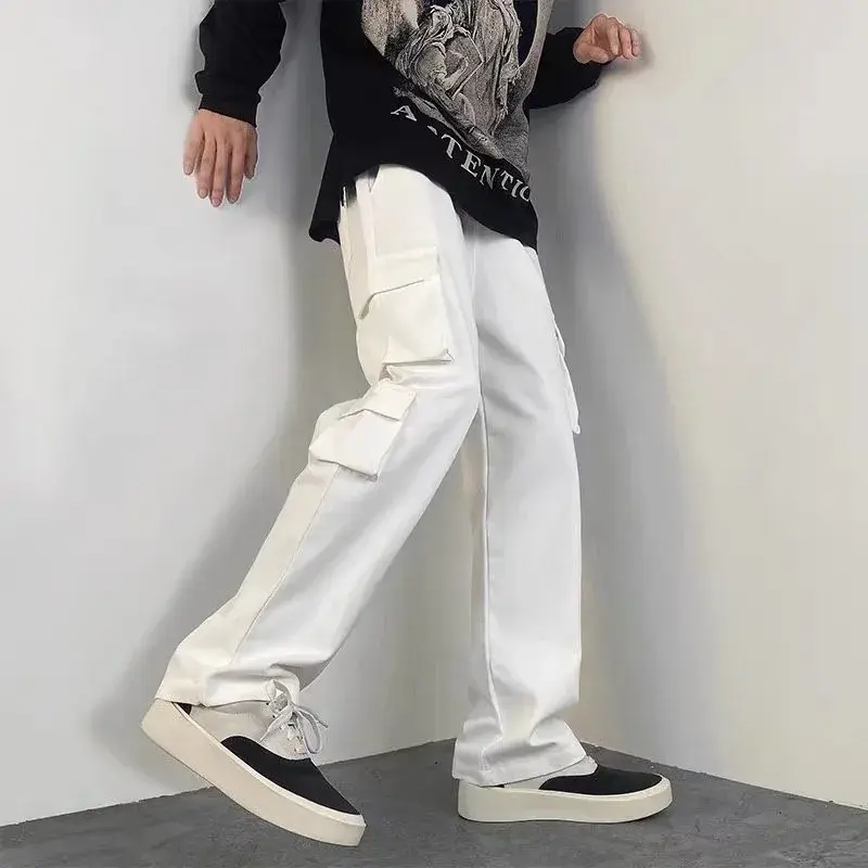 White Cotton Japanese Style Loose Fit High Street Straight Leg Wide Leg Casual Pants For Men Multi Pocket Cargo Pants
