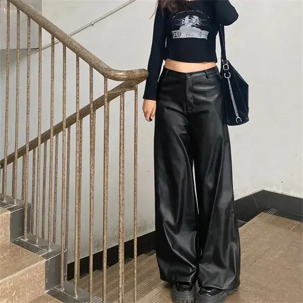 Plus Size High-Waisted Straight-Leg Black PU Leather Trousers Women's Casual Floor-Length Spring Autumn Narrow Wide-Leg Trousers