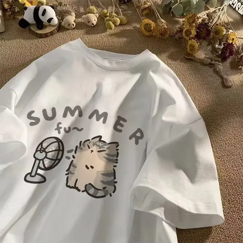 Cartoon Oversize Loose Short Sleeve T-Shirt American Style Versatile Half Sleeve Top Crew Neck Polyester Fiber Women's T-shirt
