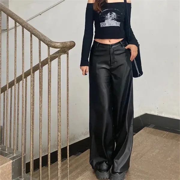 Plus Size High-Waisted Straight-Leg Black PU Leather Trousers Women's Casual Floor-Length Spring Autumn Narrow Wide-Leg Trousers