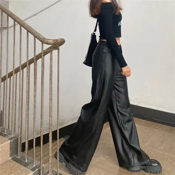 Plus Size High-Waisted Straight-Leg Black PU Leather Trousers Women's Casual Floor-Length Spring Autumn Narrow Wide-Leg Trousers