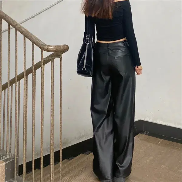 Plus Size High-Waisted Straight-Leg Black PU Leather Trousers Women's Casual Floor-Length Spring Autumn Narrow Wide-Leg Trousers