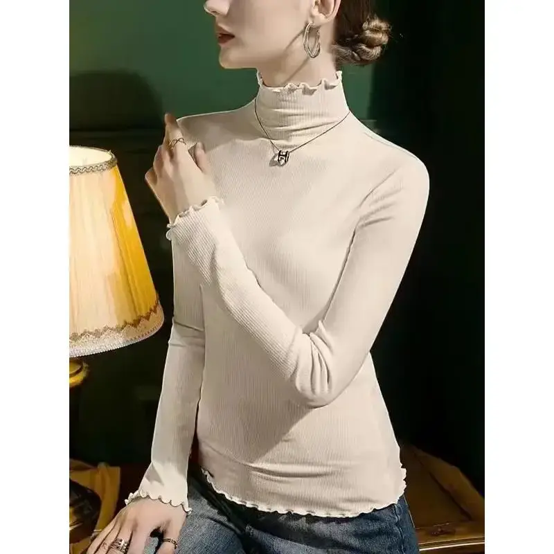 French Style Women's Autumn/Winter Thickened Sanding Wood Ear Long Sleeve T-Shirt Slimming Half Polo/Turtle Neck Top Base Layer