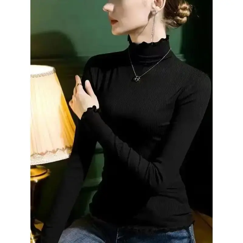 French Style Women's Autumn/Winter Thickened Sanding Wood Ear Long Sleeve T-Shirt Slimming Half Polo/Turtle Neck Top Base Layer