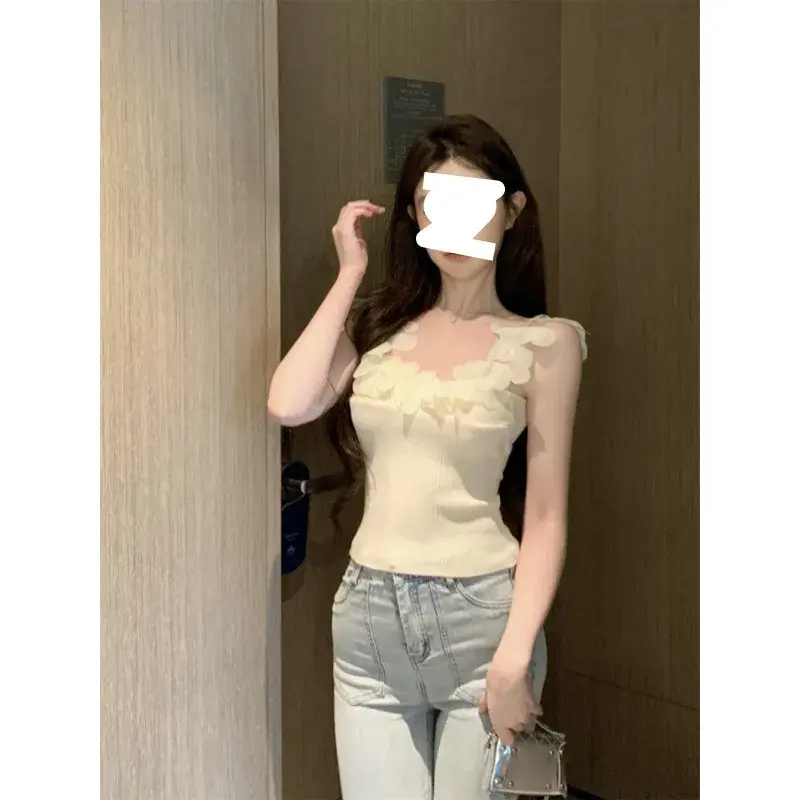 Summer New Knitted Women's Camisole Vest Tops Wholesale Polyester Fiber Fashionable Breathable Sleeveless Top for Ladies