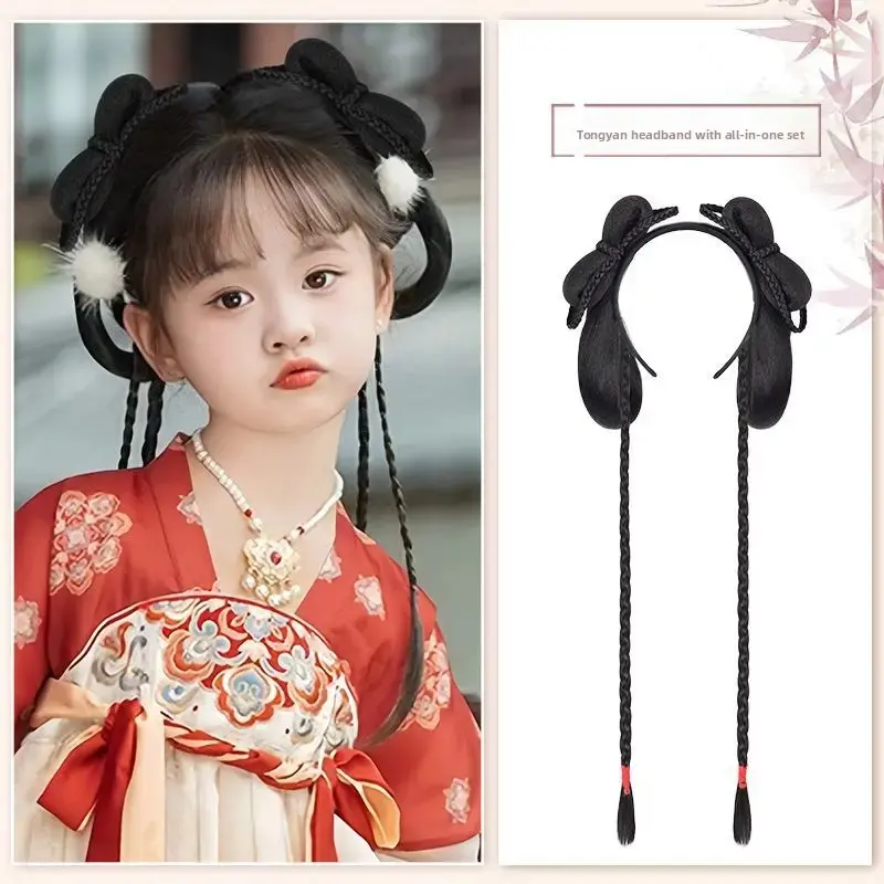 Girls Hanfu Wig Integrated Ancient Chinese Style Hair Accessories Daily Ponytail Hairstyling Hair Extensions Asian Fiber