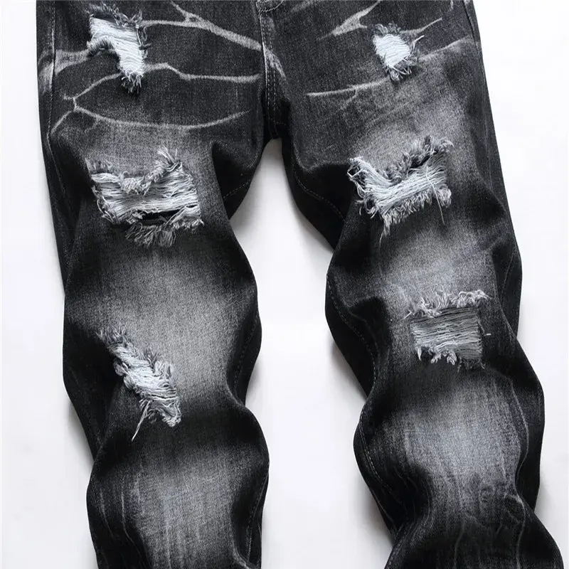 2023 Fashionable Trendy Men's Casual Denim Trousers European American Foreign Trade Tied Flower Hole Punched Style