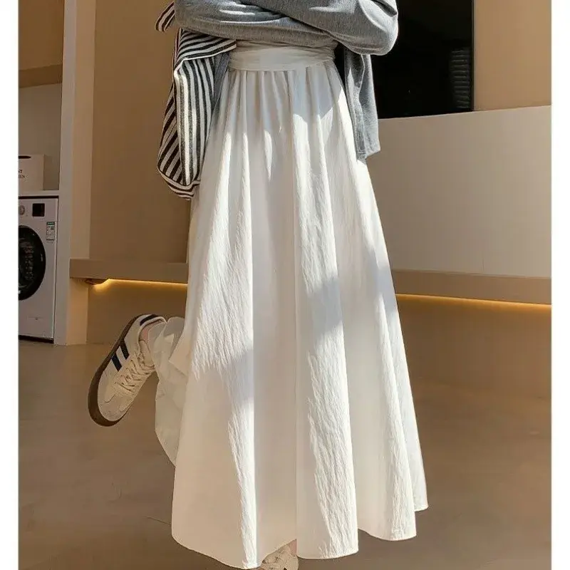 Summer New White A- Line Half Skirt for Women High Waist Slimming Midi Length Pleated Elegant Long Skirts Fashionable Trend