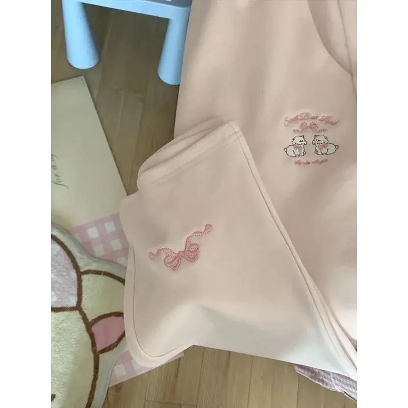 Cute Cartoon Embroidered Fleece Lined Casual Pants Women High Waist Slimming Wide Leg Floor Length Trousers Autumn Winter New St