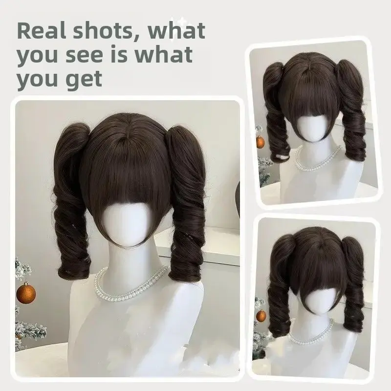Natural Short Hair Double Tail Wig Roman Roll Lolita Black Brown Gold Women Full Head Cover Sweet Cute Fiber Mechanism Wig
