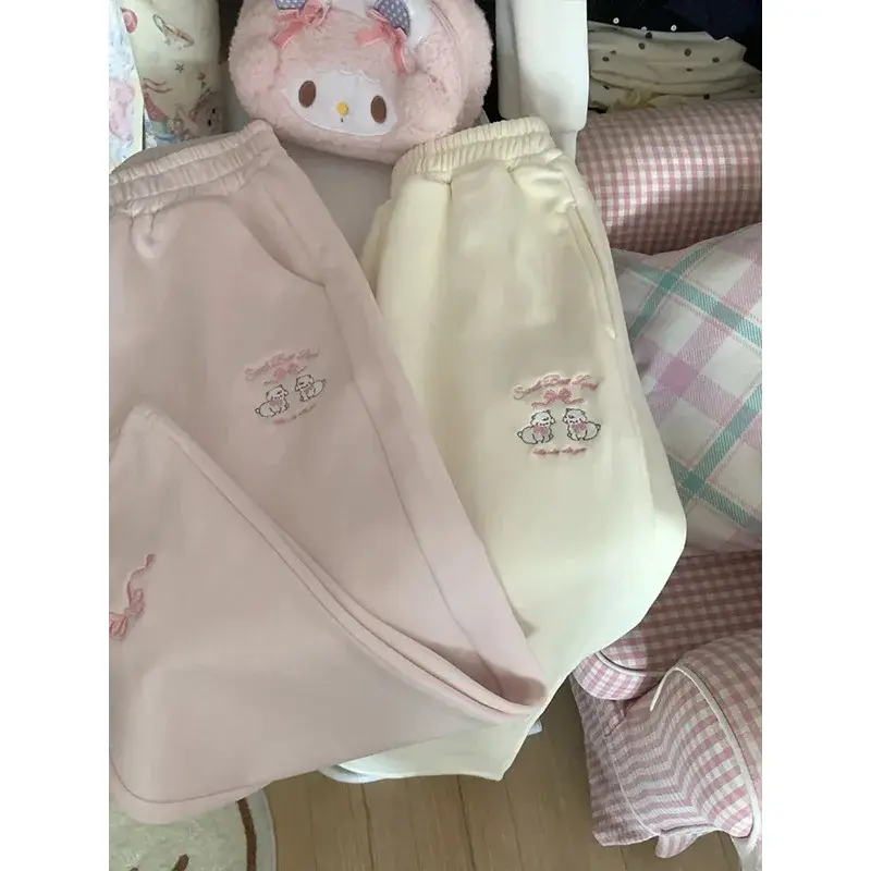 Cute Cartoon Embroidered Fleece Lined Casual Pants Women High Waist Slimming Wide Leg Floor Length Trousers Autumn Winter New St