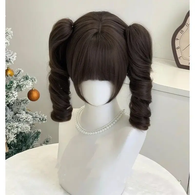Natural Short Hair Double Tail Wig Roman Roll Lolita Black Brown Gold Women Full Head Cover Sweet Cute Fiber Mechanism Wig