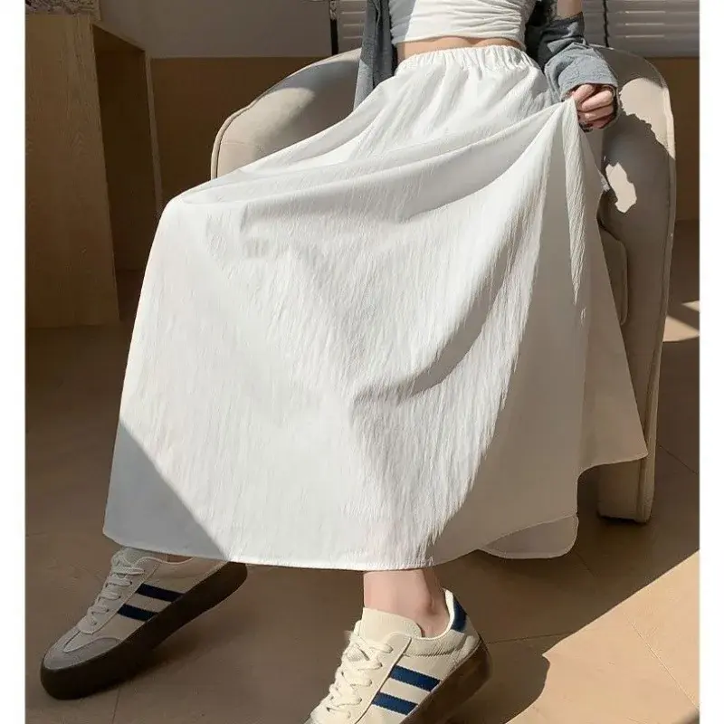 Summer New White A- Line Half Skirt for Women High Waist Slimming Midi Length Pleated Elegant Long Skirts Fashionable Trend