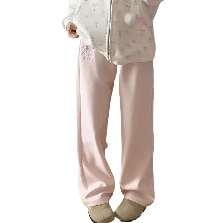 Cute Cartoon Embroidered Fleece Lined Casual Pants Women High Waist Slimming Wide Leg Floor Length Trousers Autumn Winter New St
