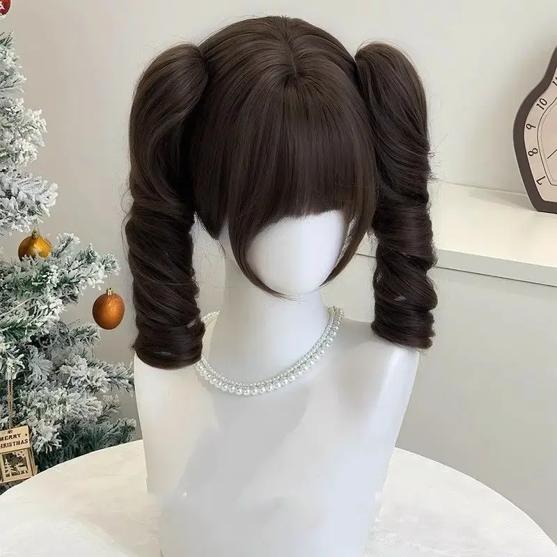 Natural Short Hair Double Tail Wig Roman Roll Lolita Black Brown Gold Women Full Head Cover Sweet Cute Fiber Mechanism Wig
