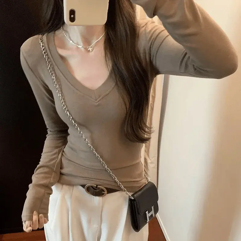 Sweet And Spicy Early Autumn Ribbed V-neck Slimming Women's T-shirt Inner Wear Versatile Design Quality Top