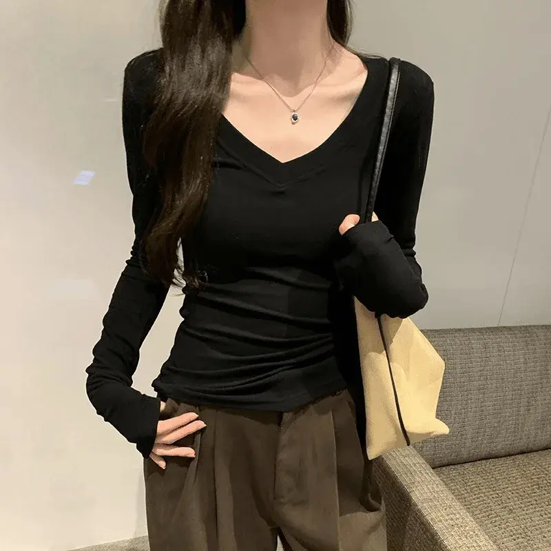 Sweet And Spicy Early Autumn Ribbed V-neck Slimming Women's T-shirt Inner Wear Versatile Design Quality Top