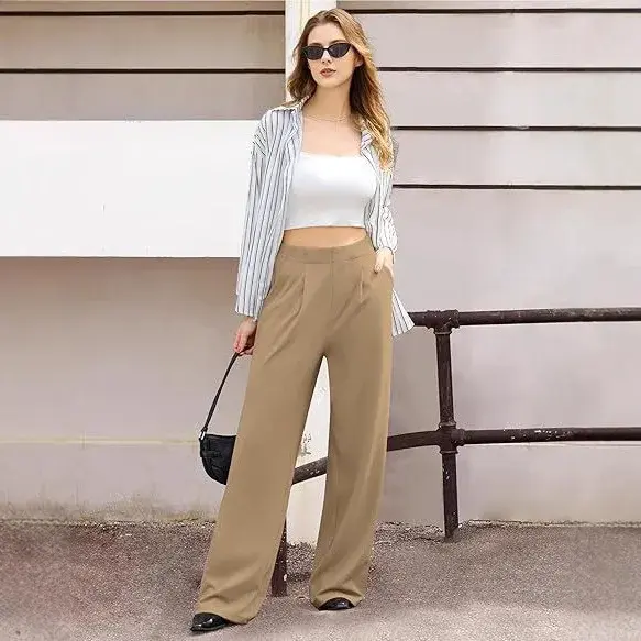 Fashionable Women's Casual Straight Leg Pants Adjustable Elastic Waist with Pockets Cross-Border Long Trousers 2024