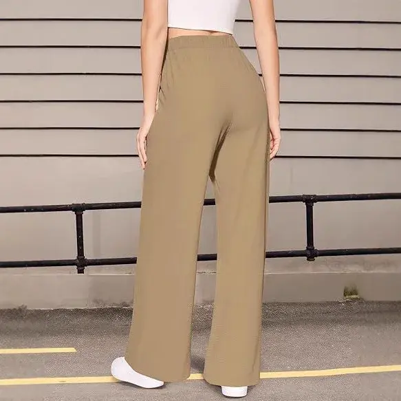 Fashionable Women's Casual Straight Leg Pants Adjustable Elastic Waist with Pockets Cross-Border Long Trousers 2024