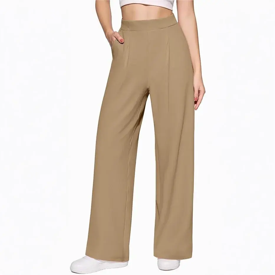 Fashionable Women's Casual Straight Leg Pants Adjustable Elastic Waist with Pockets Cross-Border Long Trousers 2024
