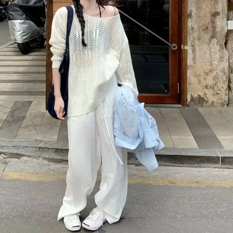 Ladies Loose Long Sleeve Knitted Hollow out Sweater Spring Anti Aging Chic Overhead Top Comfortable Style Casual Fashion