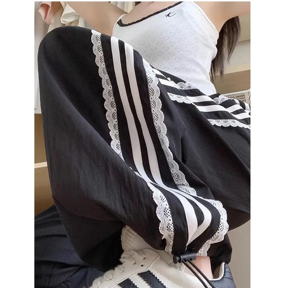Casual Wide Leg Workwear Pants Women Summer Thin Loose High Waist Striped Loose Straight Sporty Lace Edge Trousers