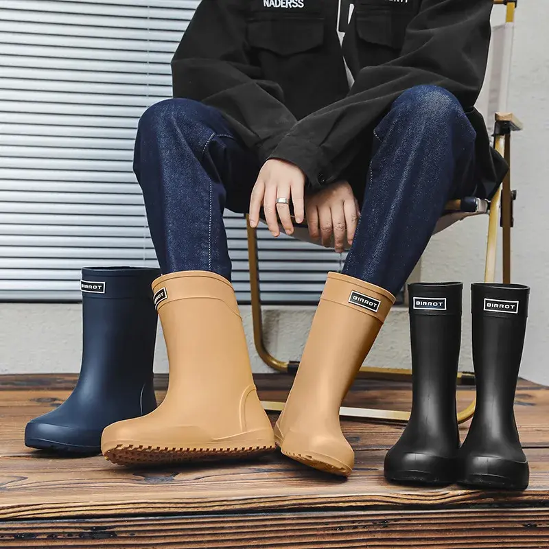 Waterproof Non-slip Men's Mid-Calf Rain Shoes For Outdoor Work And Sports Durable Rubber Soles PVC Upper Plastic Boots