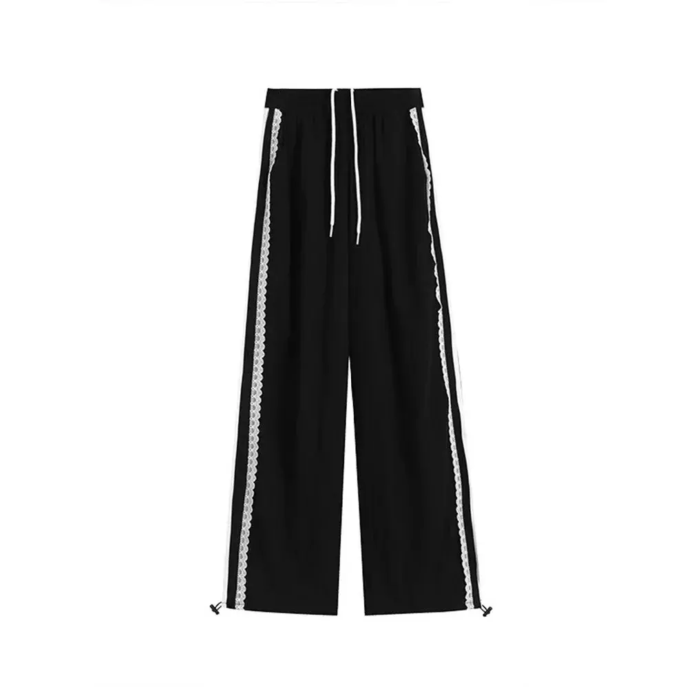Casual Wide Leg Workwear Pants Women Summer Thin Loose High Waist Striped Loose Straight Sporty Lace Edge Trousers