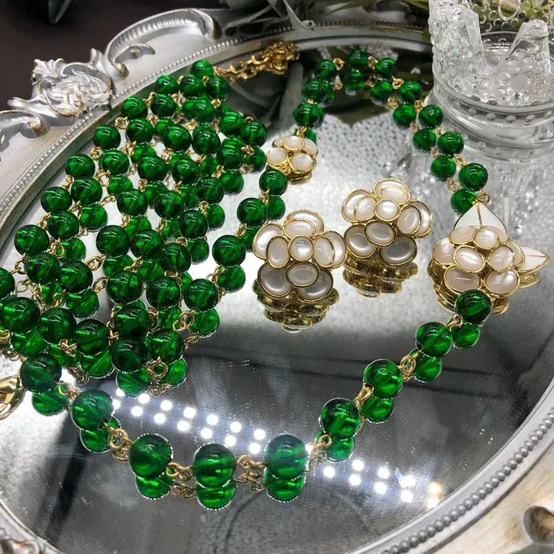 Vintage Spring Summer Fresh Glass Beads Sweater Chain White Enamel Coated Flower Necklace Earrings Ear Clips Suit Women's