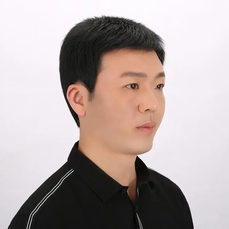 Men's Short Straight Hair Wig Real Human Hair Full Head Cover Stylish Flat Top Men's Wig Asian Fiber Top Hair Block