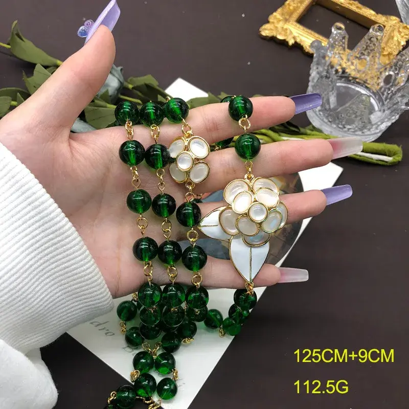 Vintage Spring Summer Fresh Glass Beads Sweater Chain White Enamel Coated Flower Necklace Earrings Ear Clips Suit Women's