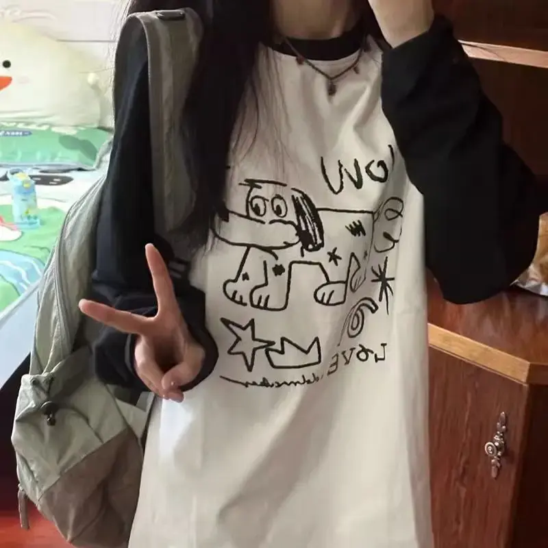 Black White Blocking Long Sleeve T-shirt Women's Sensibility Loose Fit Casual Korean Style Autumn New Arrival Women's Clothing