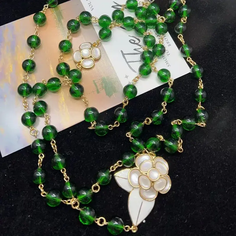 Vintage Spring Summer Fresh Glass Beads Sweater Chain White Enamel Coated Flower Necklace Earrings Ear Clips Suit Women's