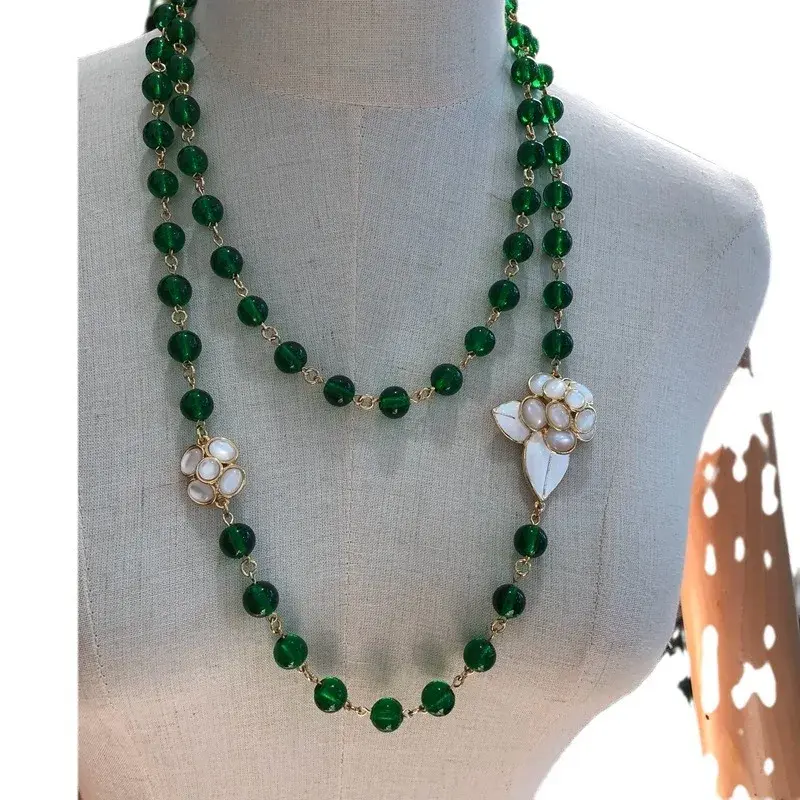 Vintage Spring Summer Fresh Glass Beads Sweater Chain White Enamel Coated Flower Necklace Earrings Ear Clips Suit Women's