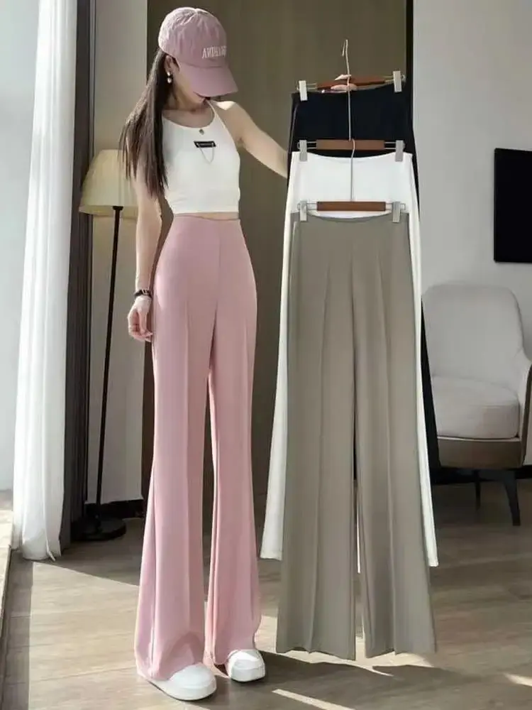 New 2024 Summer Ice Silk Suit Pants Women's High-Waisted Draped Slimming Straight-Leg Casual Bell Bottoms Long Pants/Nine Parts/