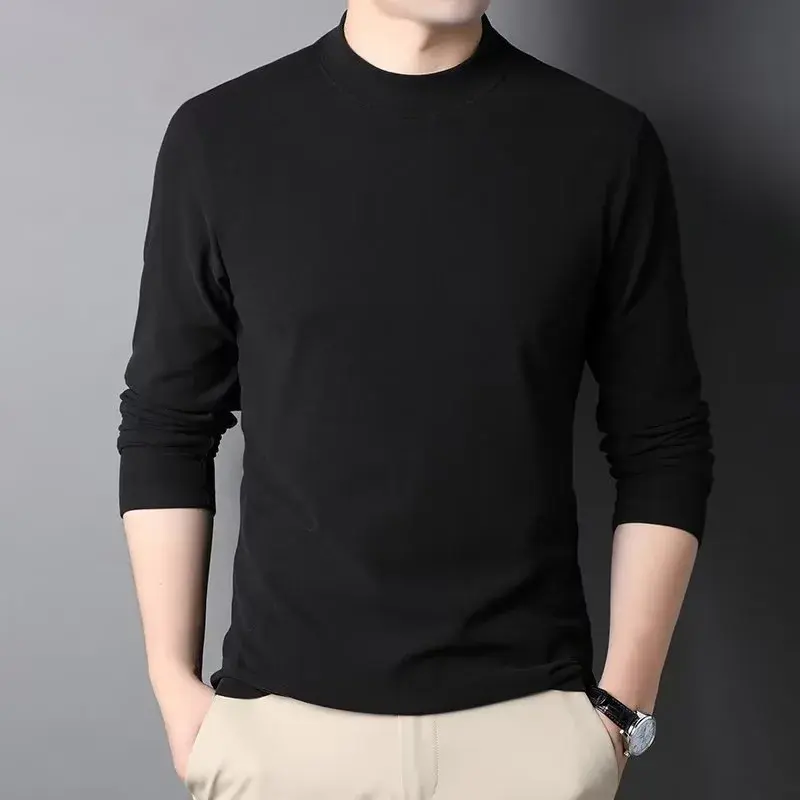 Men's Mid-Neck Long Sleeve Fleece-Lined T-Shirt Thermal Underwear Double-Sided Velvet Brushed Base Shirt For Autumn And Winter