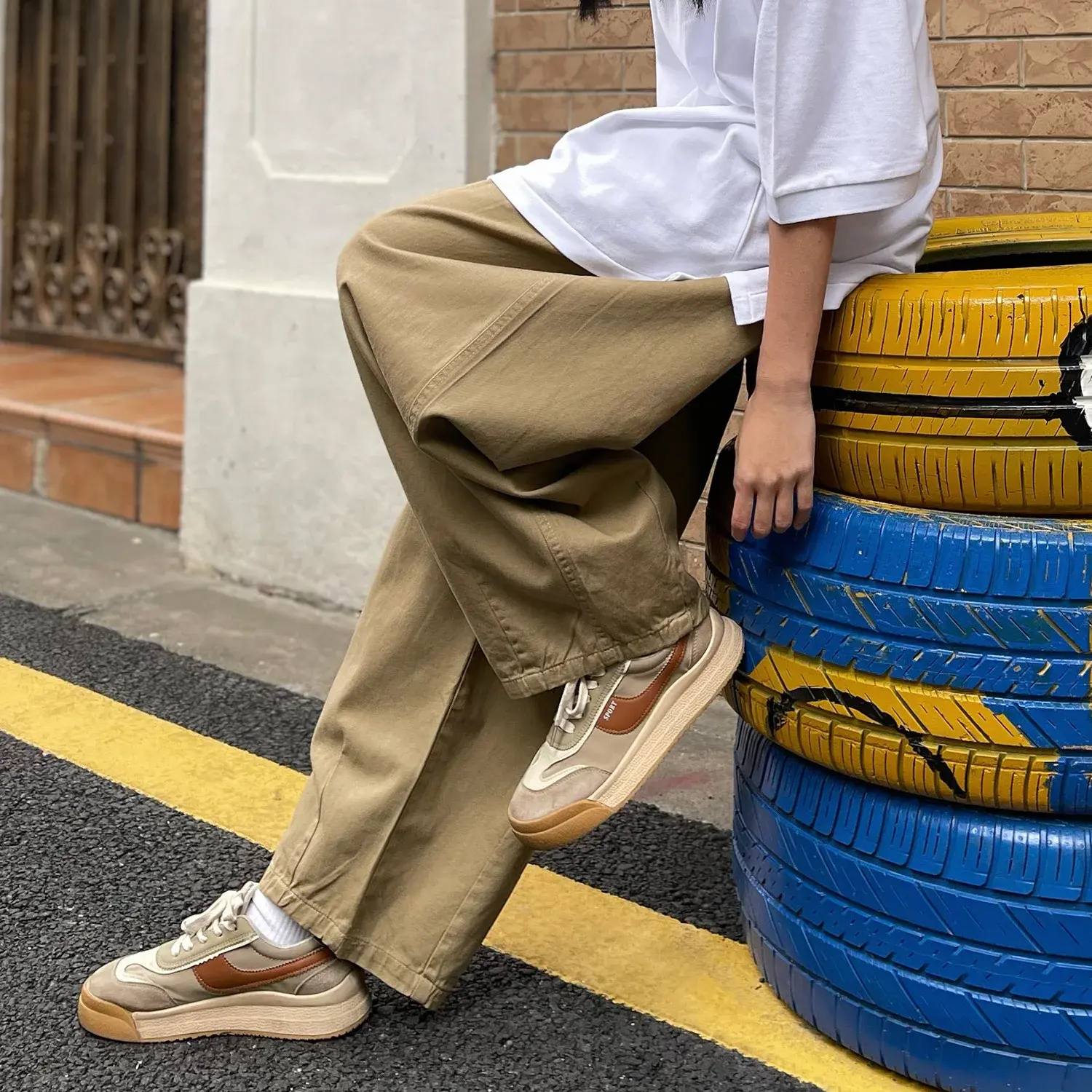 Trendy Vintage Cargo Pants Men's Straight Leg Loose Fit Bell Bottoms High Street Style Casual Trousers