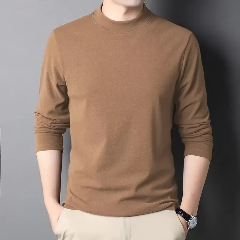 Men's Mid-Neck Long Sleeve Fleece-Lined T-Shirt Thermal Underwear Double-Sided Velvet Brushed Base Shirt For Autumn And Winter