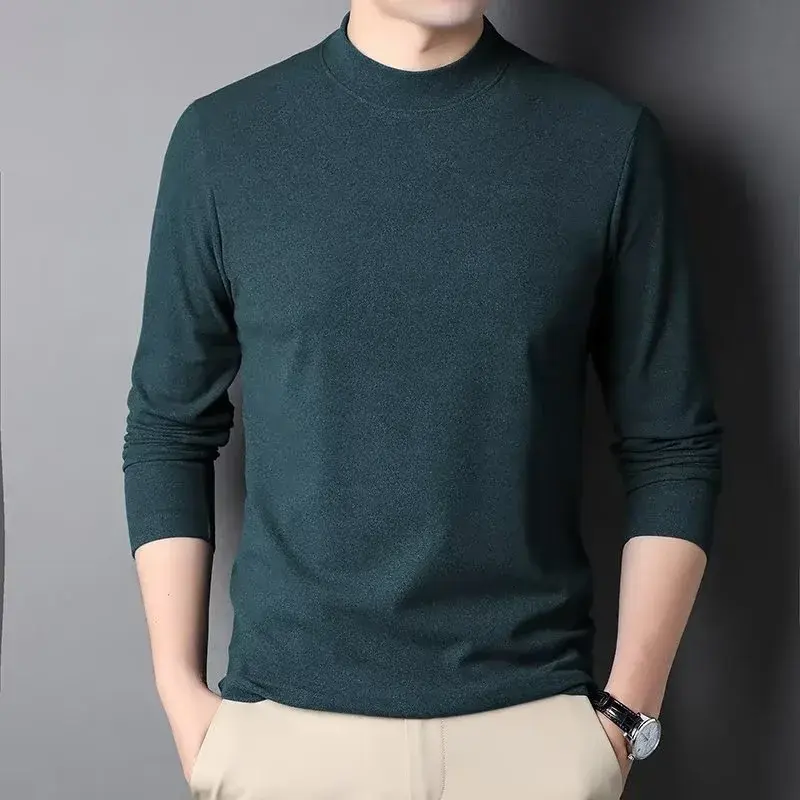 Men's Mid-Neck Long Sleeve Fleece-Lined T-Shirt Thermal Underwear Double-Sided Velvet Brushed Base Shirt For Autumn And Winter