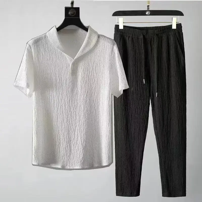Summer Ultra-thin Sleeveless Ice Silk Linen Suit Men's Cotton Linen Set Oversized Loose-fit Mid-sleeve T-shirt Sports Wear