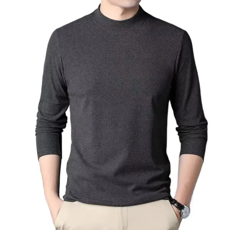 Men's Mid-Neck Long Sleeve Fleece-Lined T-Shirt Thermal Underwear Double-Sided Velvet Brushed Base Shirt For Autumn And Winter