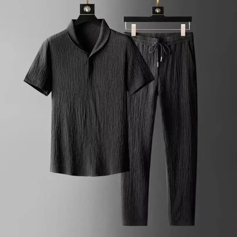 Summer Ultra-thin Sleeveless Ice Silk Linen Suit Men's Cotton Linen Set Oversized Loose-fit Mid-sleeve T-shirt Sports Wear