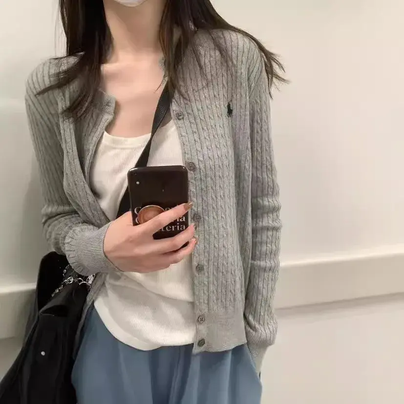 Ravels Horse round Neck Embroidered Knitted Cardigan Women's New Vintage Twist Slim Knitted Sweater Top Coat Sweater