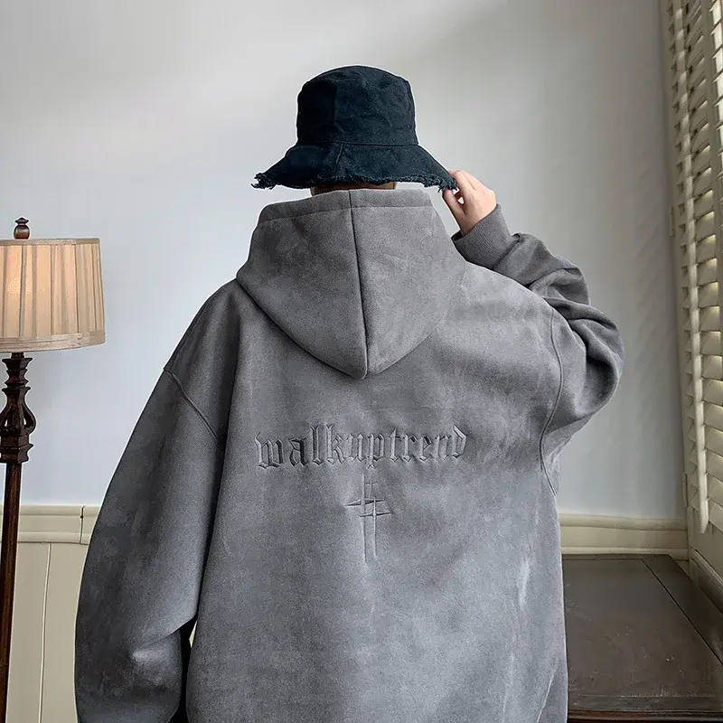 Chamois Leather Embroidered Sweatshirt Men's American Style Vintage Trendy Brand Casual Loose Fit Hooded Jacket Niche Fashion