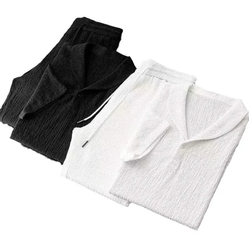 Summer Ultra-thin Sleeveless Ice Silk Linen Suit Men's Cotton Linen Set Oversized Loose-fit Mid-sleeve T-shirt Sports Wear