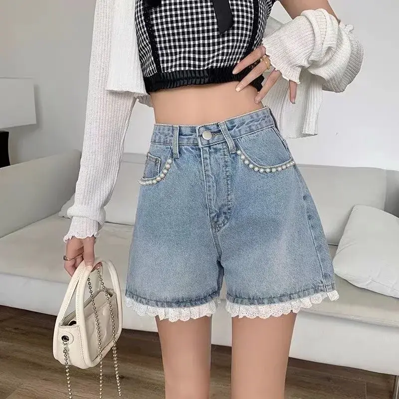 High Waist Lace Trimmed Denim Shorts Women Summer Thin Style Loose Wide Leg Pants Hot Pants Korean Style Cotton Shorts