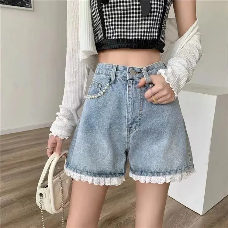 High Waist Lace Trimmed Denim Shorts Women Summer Thin Style Loose Wide Leg Pants Hot Pants Korean Style Cotton Shorts